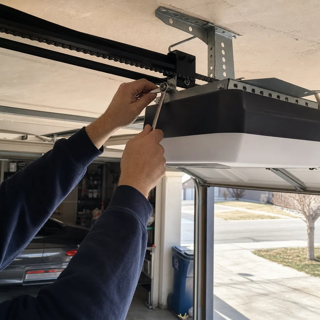 Technician performing professional garage door opener repair and installation