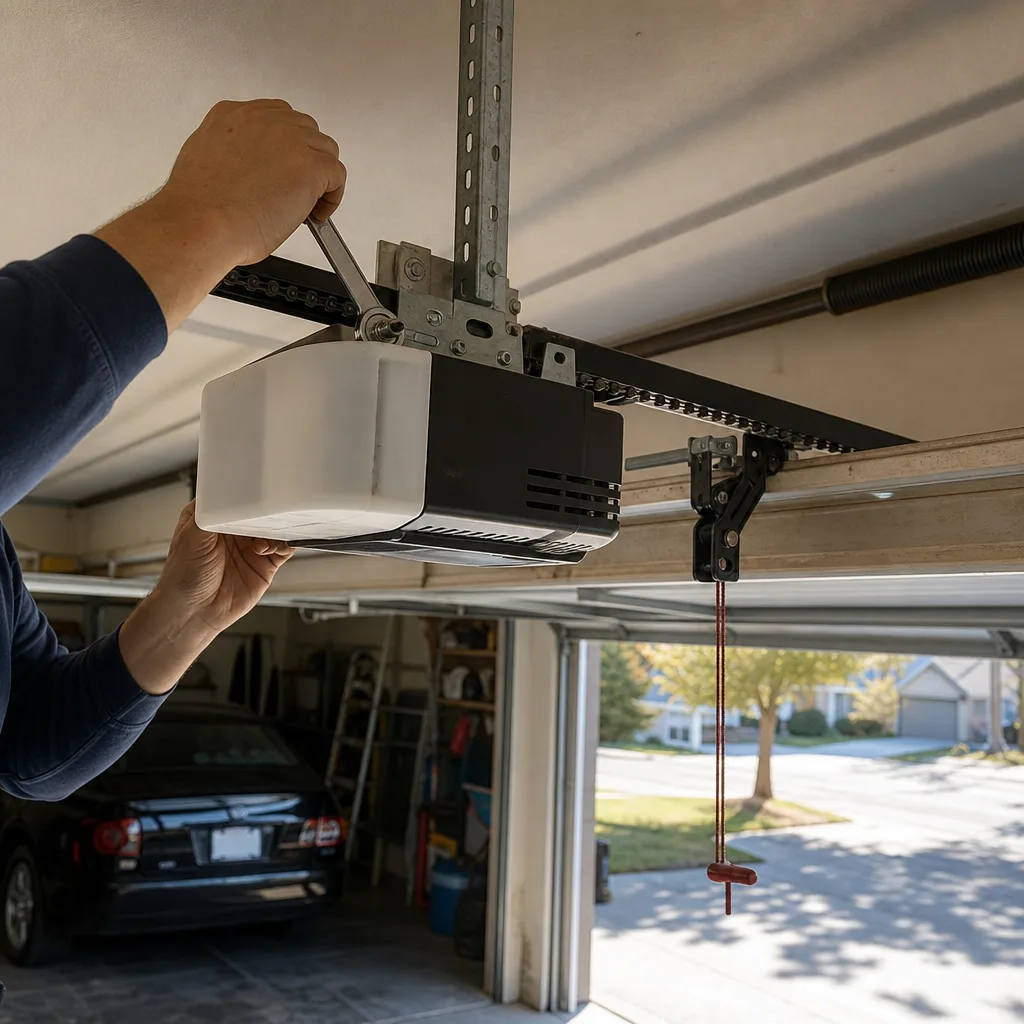Technician performing professional garage door opener repair and installation services