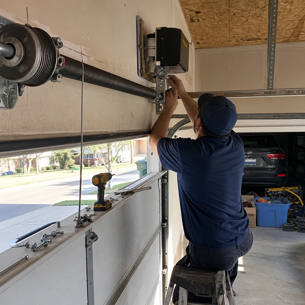 Technician performing professional garage door opener installation and maintenance