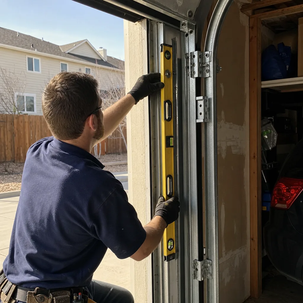 Technician using a level to repair a metal garage door track