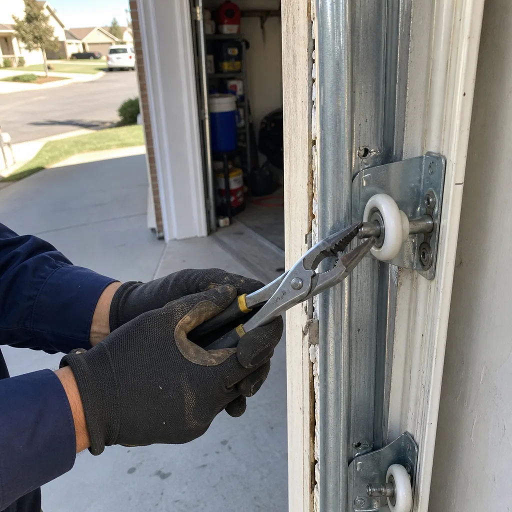 Technician performing garage door roller repair and maintenance