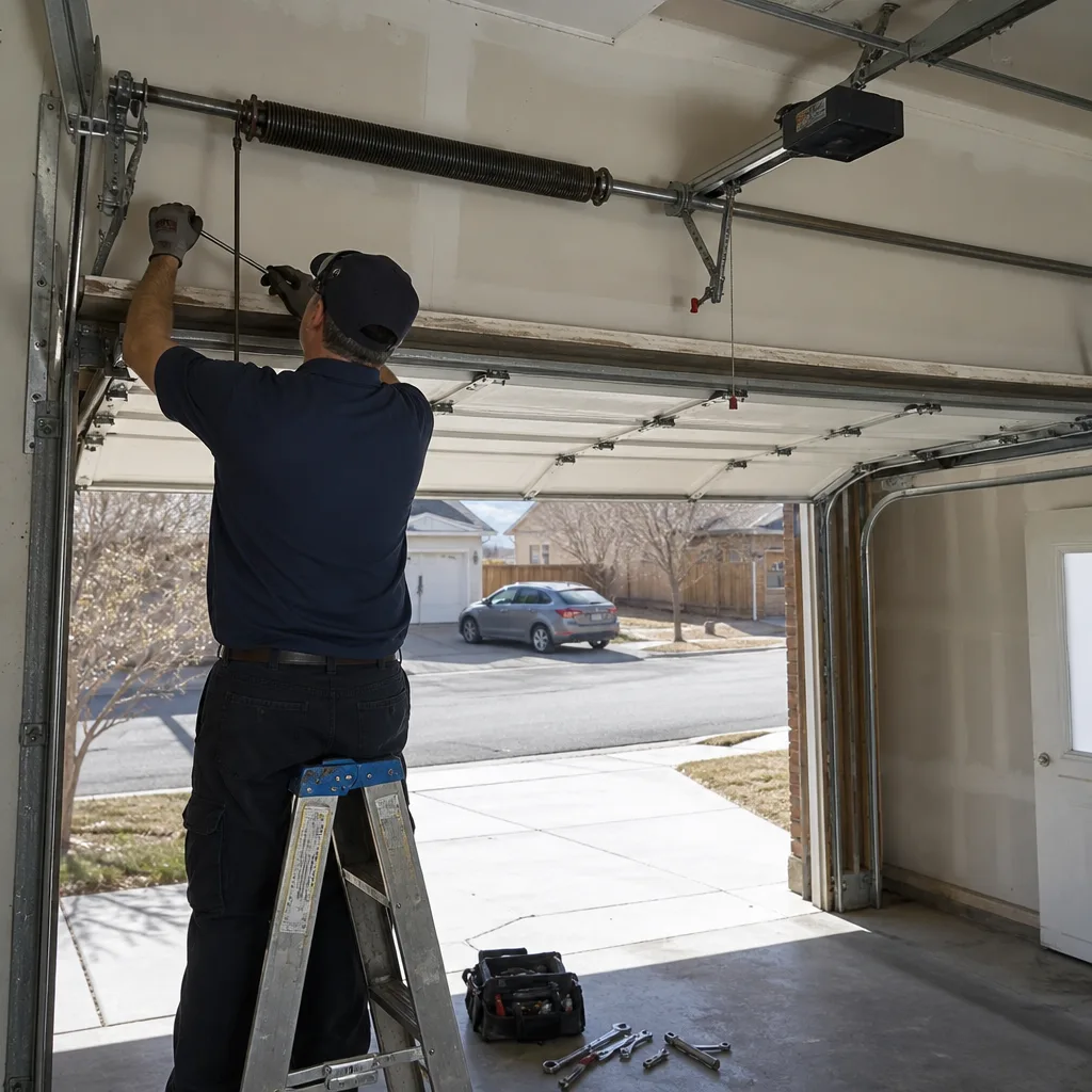 Technician performing professional garage door spring repair and maintenance